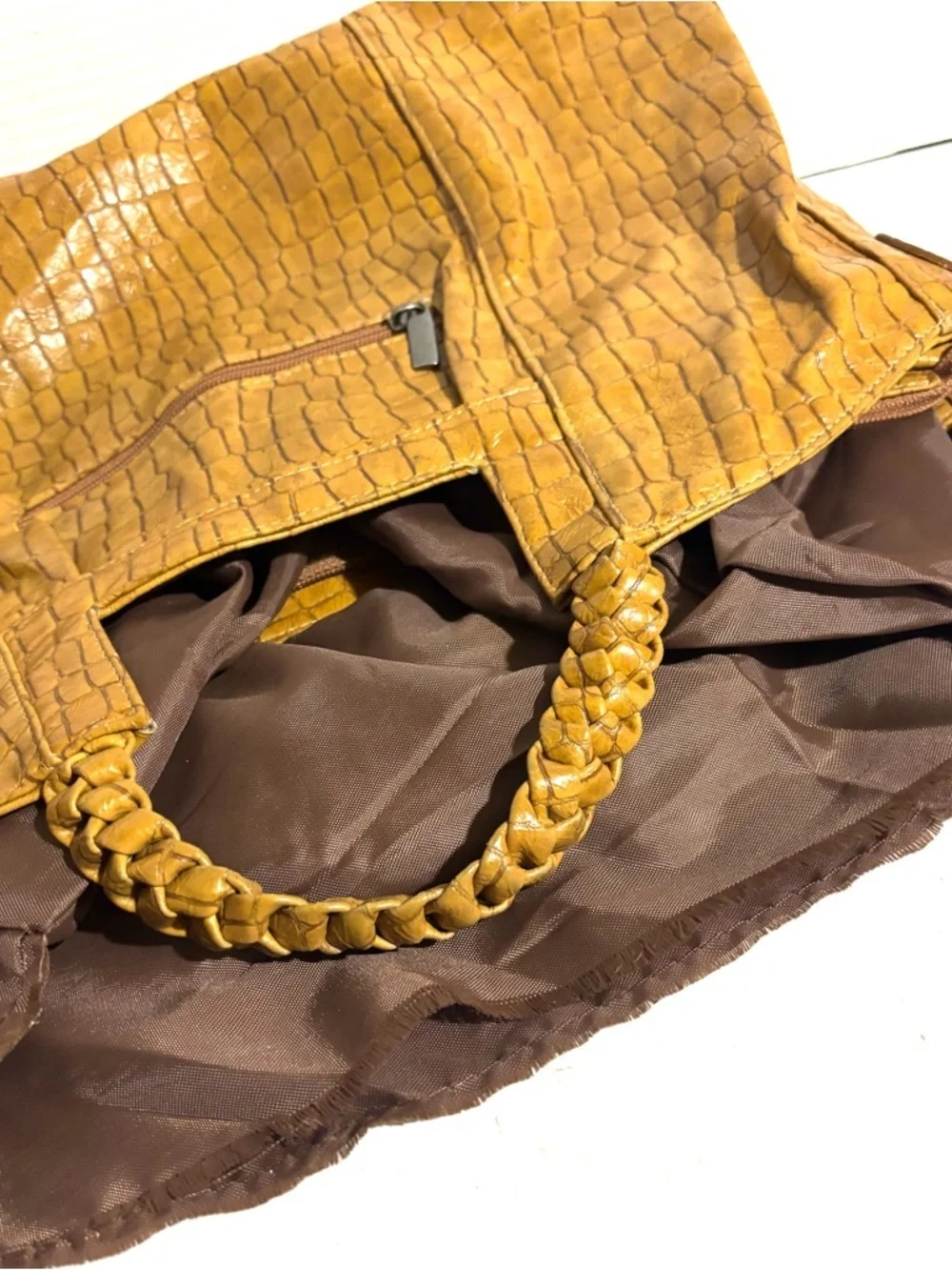 Braided-Handle Croc-Embossed Shoulder Bag in Mustard